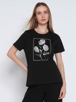 Cover Story - Women Black Floral Half Sleeves T-shirt