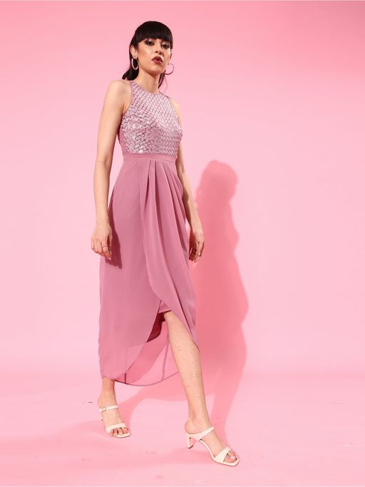Buy Miss Chase Women's Dusty Lavender Round Neck Sleeveless All That Glitter  Midi Dress Online