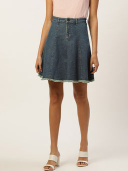 Xpose - Navy Blue Washed High-rise Denim Stretchable A-line Skirt