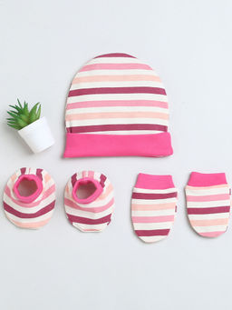 Bumzee - Beige & Pink Girls Cotton Cap Mitten Bootie (Set of 3)