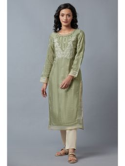 WISHFUL by W - XXXWomen Green Festive Viscose Straight Kurta