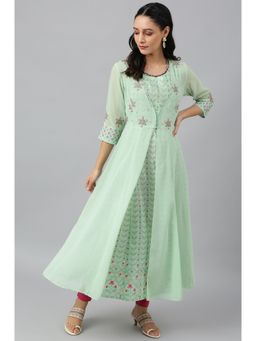 WISHFUL by W - XXXWomen Green Festive Solid Georgette Jacket with Kurta with Tight (Set of 3)