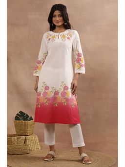 W - XXXWomen White Floral Print Cotton A-Line Kurta