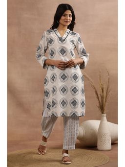 W - XXXWomen Off White Geometric Print Cotton Straight Kurta