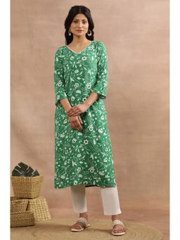 W - XXXWomen Green Floral Print Viscose Straight Kurta