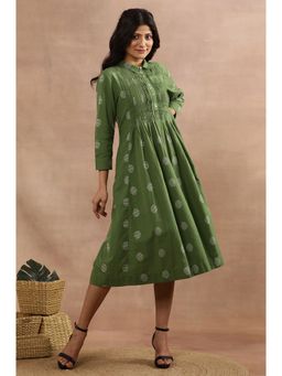 W - XXXWomen Green Polka Print Cotton Flax Flarred Dress