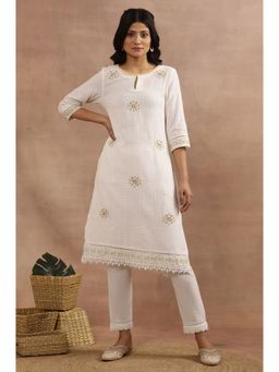 W - XXXWomen White Floral Cotton A-Line Kurta