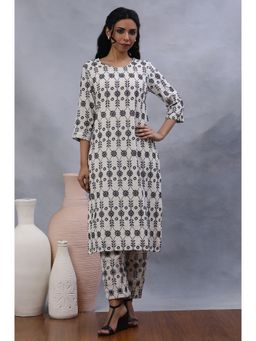 W - XXXWomen Off White Geometric Print Rayon Straight Kurta