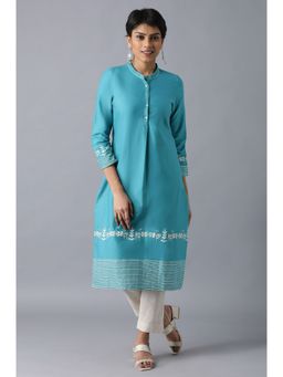 W - XXXWomen Teal Floral Print Cotton Straight Kurta