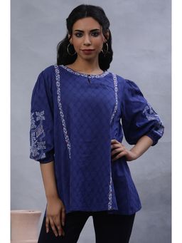 W - XXXWomen Blue Geometric Print Cotton A-Line Top