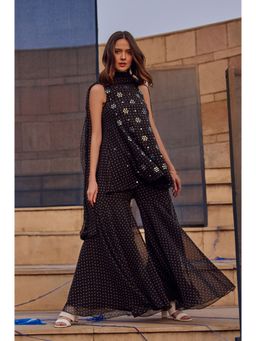 W - XXXWomen Black Festive Geometric Print Georgette Kurta with Sharara and Dupatta (Set of 3)