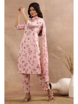 W - XXXWomen Pink Floral Print Cotton Kurta and Straight Pant with Dupatta (Set of 3)