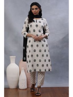 W - XXXWomen Off White Floral Print Cotton Kurta with Straight Pant and Dupatta (Set of 3)
