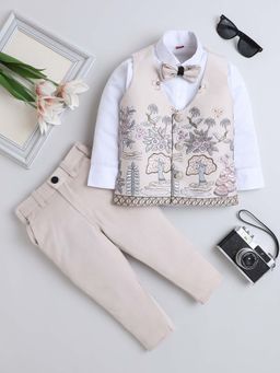 FOURFOLDS - Boys Beige Embroidered Waistcoat with Shirt and Trouser with Bow