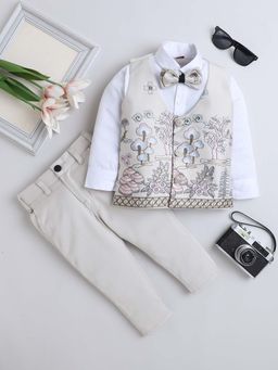 FOURFOLDS - Boys Grey Embroidered Waistcoat with Shirt and Trouser with Bow