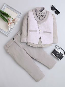 FOURFOLDS - Beige Printed Waistcoat with Shirt and Trouser with Bow