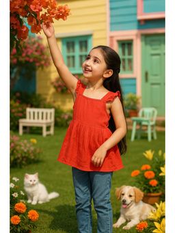 Maaesa - Girls Casual Solid Red Cotton A-Line Top