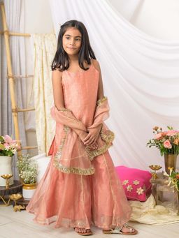 Fairies Forever - Peach Girls Designer Kurta with Palazzo and Dupatta