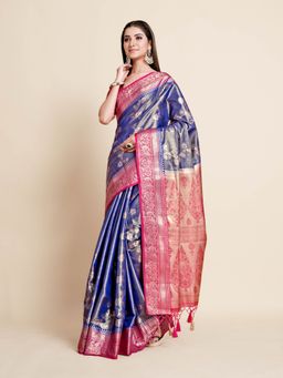 Mimosa - Women Traditional Ussi Kanjivaram Art Silk Navy Blue Saree with Unstitched Blouse
