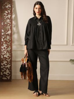 Globus - Women Black Shirt Collar Bishop Sleeve Top And Trousers Co-Ord Set