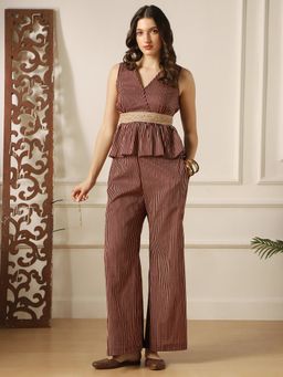 Globus - Women Burgundy V-Neck Striped Embroidered Co-Ord Set
