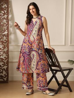 Globus - Women Purple Paisley Ethnic Print Lace V-Neck Sleeveless A-Line Kurta And Pant