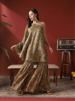 Globus - Women Green Floral Print One Shoulder Co-Ord Set