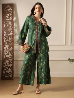 Globus - Women Green Embroidery Detail Mirror Work Ethnic Motifs Co-Ord Set