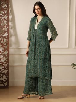 Globus - Women Green Zari Lace V-Neck Gotta Patti Georgette A-Line Kurta And Palazzo