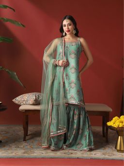 Globus - Women Mint Ethnic Print Embroidered Kurta With Sharara And Dupatta