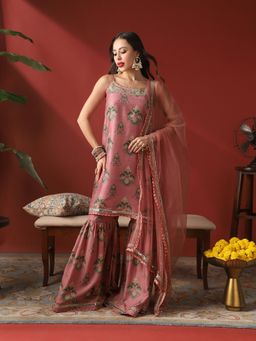 Globus - Women Pink Ethnic Print Embroidered Round Neck Kurta With Sharara And Dupatta