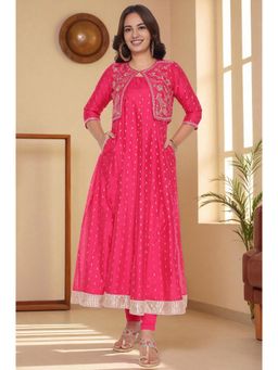 Aurelia - Women's Yarn Dyed Printed Chanderi Butta Anarkali Kurta with Legging & Jacket
