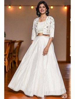 Aurelia - Women's Off White Dyed Printed Sequins Crop Top with Skirt & Jacket