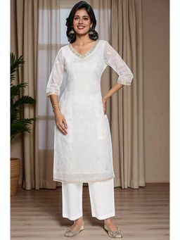 Aurelia - Women's White Embroidered Cotton Nylon Kurta with Pant & Dupatta