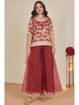 Aurelia - Women's Maroon Dyed Printed Jacquard Kurti with Palazzo & Dupatta