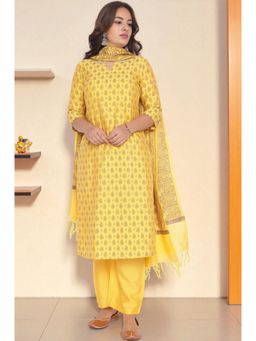 Aurelia - Women's Yellow Printed Beads Banarsi Jacquard Kurta with Pant & Dupatta