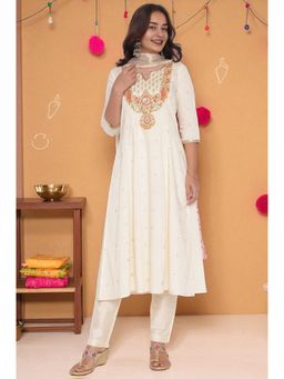 Aurelia - Women's White Zari Embroidered A-Line Kurta with Pant & Dupatta