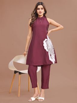 Tikhi Imli - Burgundy Halter Neck Embroidered Silk Blend Co-Ord Set
