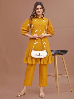 Tikhi Imli - Mustard Pure Cotton Thread Work Embroidered Co-Ord Set