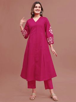 Tikhi Imli - Fuchsia Pure Cotton Box Pleats & Embroidered Kurta and Pant