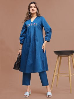 Tikhi Imli - Teal Cotton Blend Embroidered Yoke And Pleated Kurta and Pant