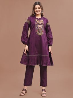 Tikhi Imli - Wine Pure Cotton Thread Work Embroidered Kurta and Pant