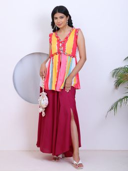 Deebaco - Multi-Color Striped Ethnic Printed Kurti with Palazzo