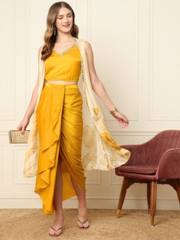 Deebaco - Yellow Indo Western Mirror Work Crop Top with Jacket & Skirt