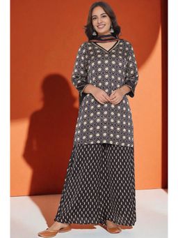 Folksong - Women's Black Printed Modal Satin Straight Kurta With Sharara & Dupatta