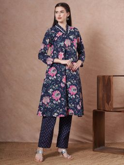 FASHOR - Ethnic Floral Printed A-Line Flared Kurta With Pant - Blue