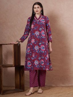 FASHOR - Ethnic Floral Printed A-Line Kurta With Pant - Purple