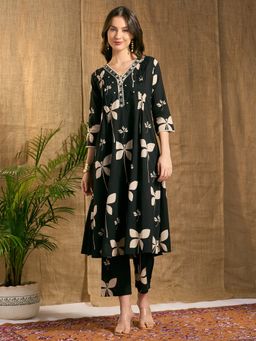 FASHOR - Abstract Floral Printed And Embroidered A-Line Kurta With Pant - Black