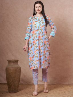 FASHOR - Floral Printed Straight Fit Kurta With Pant - Light Purple
