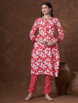 FASHOR - Ethnic Floral Printed Straight Fit Kurta With Pant - Red